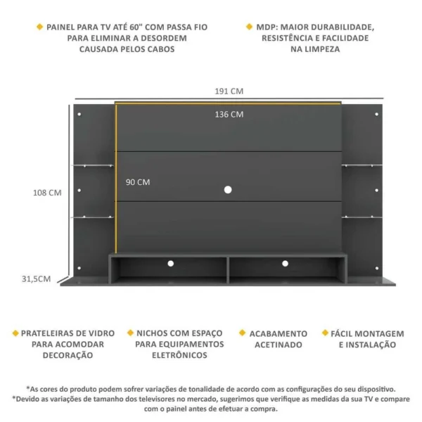 Painel TV 60 c/ Prateleiras de Vidro Nairóbi Multimóveis Grafite - Image 6