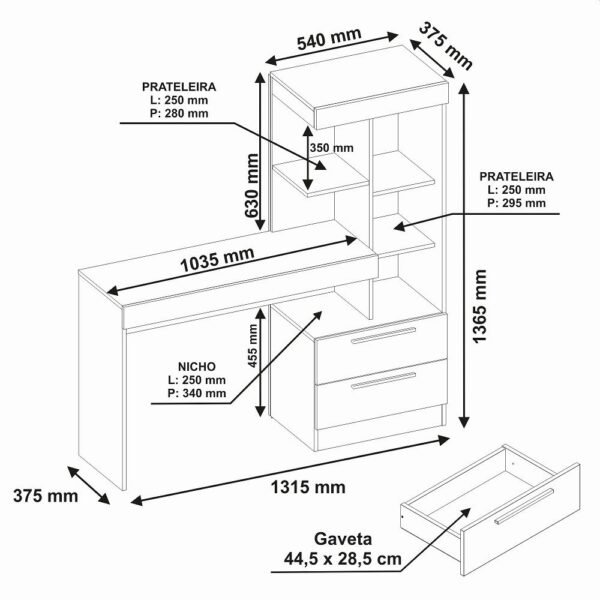 Escrivaninha com Estante Office com 2 Gavetas 6 Prateleiras para Escritorio Branco / Rosa Flex - Image 3