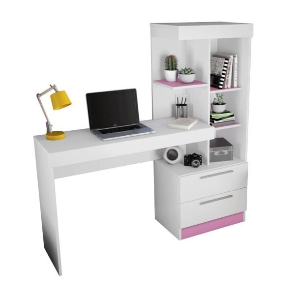 Escrivaninha com Estante Office com 2 Gavetas 6 Prateleiras para Escritorio Branco / Rosa Flex - Image 4