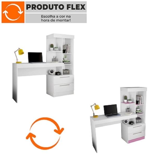 Escrivaninha com Estante Office com 2 Gavetas 6 Prateleiras para Escritorio Branco / Rosa Flex - Image 5