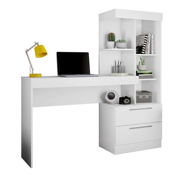 Escrivaninha com Estante Office com 2 Gavetas 6 Prateleiras para Escritorio Branco / Rosa Flex